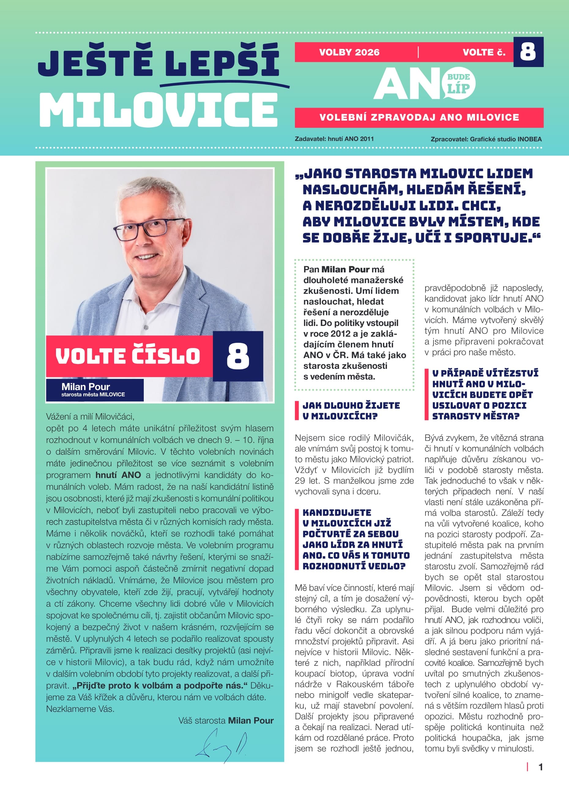 Volební noviny ANO Milovice 2026, strana 1 z 12