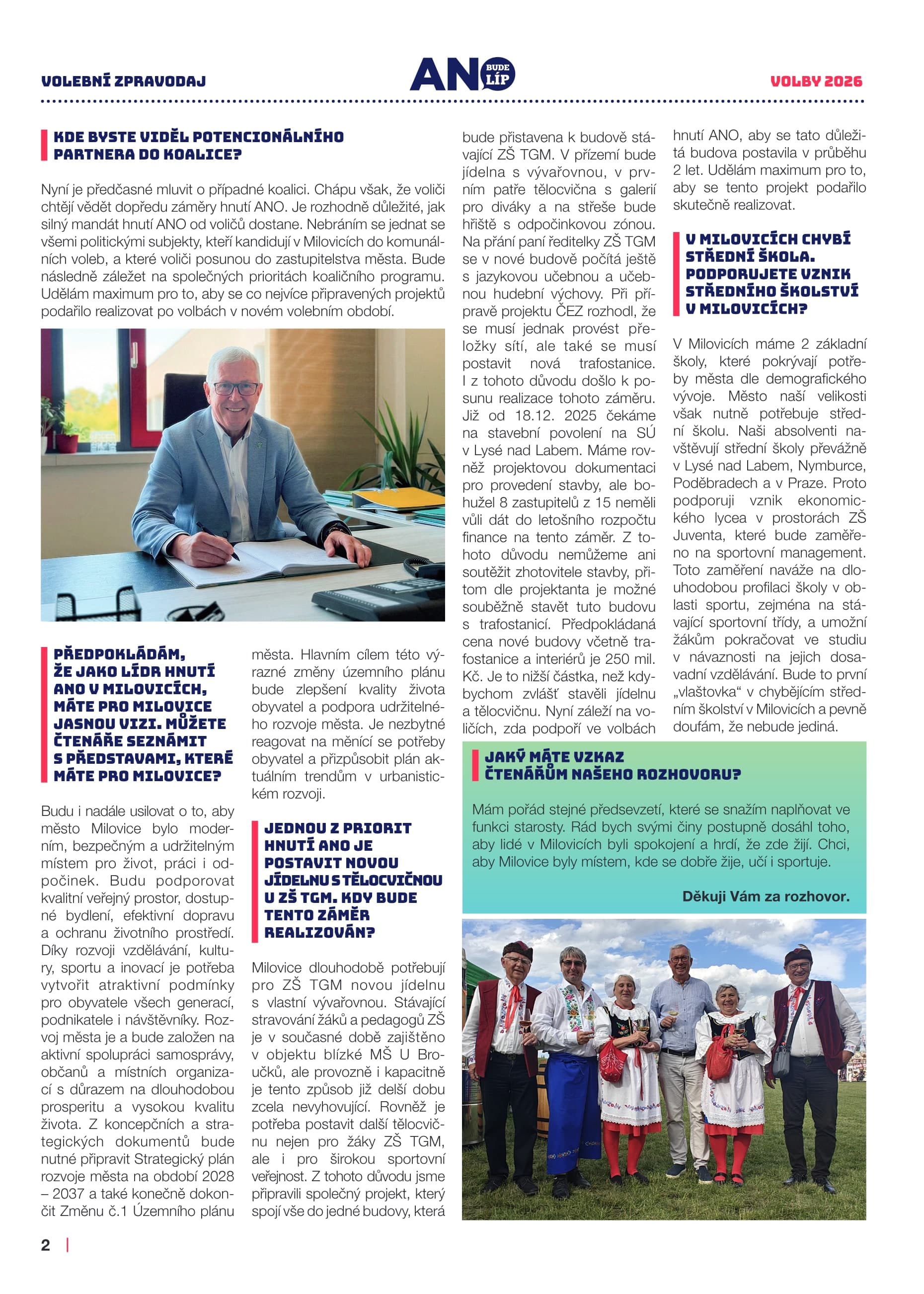 Volební noviny ANO Milovice 2026, strana 2 z 12